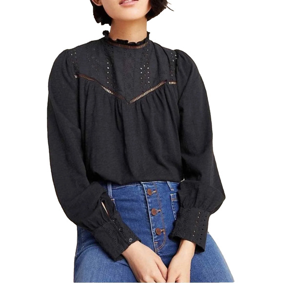 Anthropologie Eri + Ali Black Eyelet Boho Cottage Prairie Peasant Blouse Medium - Picture 1 of 9